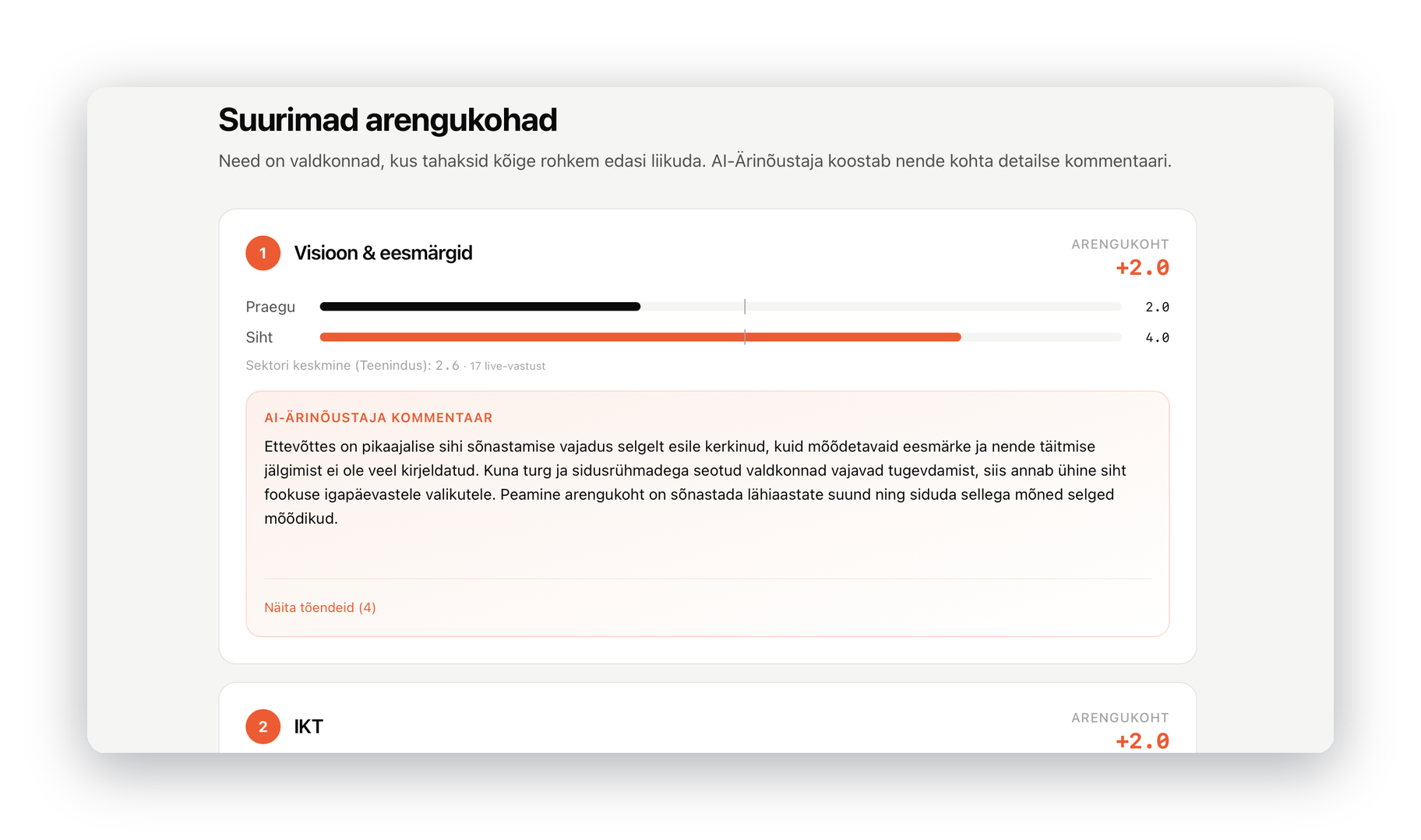 Suurimad arengukohad koos AI-ärinõustaja kommentaariga