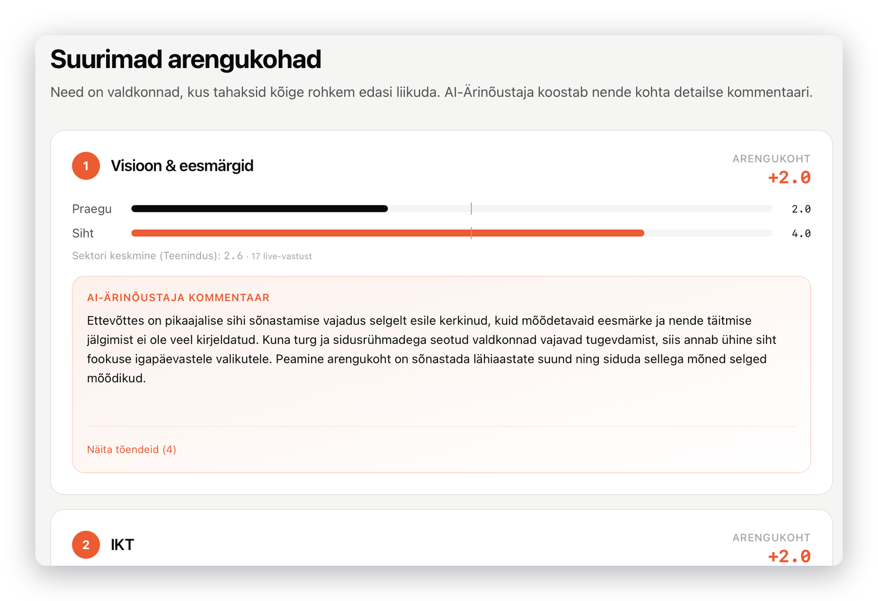 Suurimad arengukohad koos AI-ärinõustaja kommentaariga